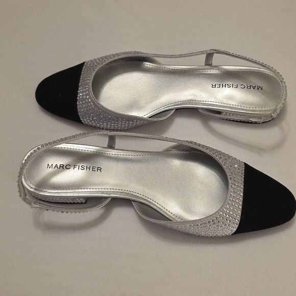 BRAND NEW MARC FISHER RHINESTONE  EMBELLISHMENT BLACK & SILVER SLINGBACK FLATS - Picture 7 of 16